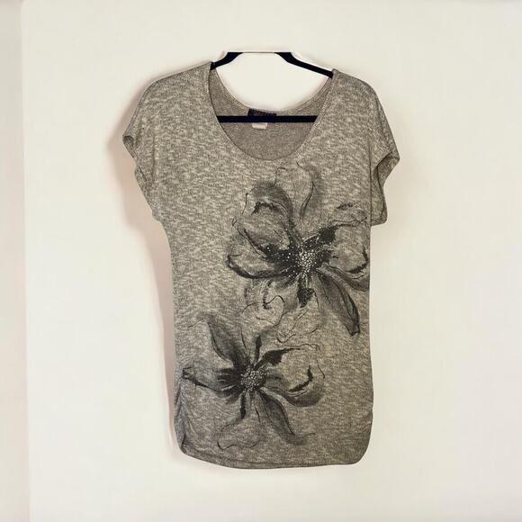 Y2K Agenda Top Womens L Floral Rhinestone Embellished Heather Beige Ruched Retro - Picture 2 of 8